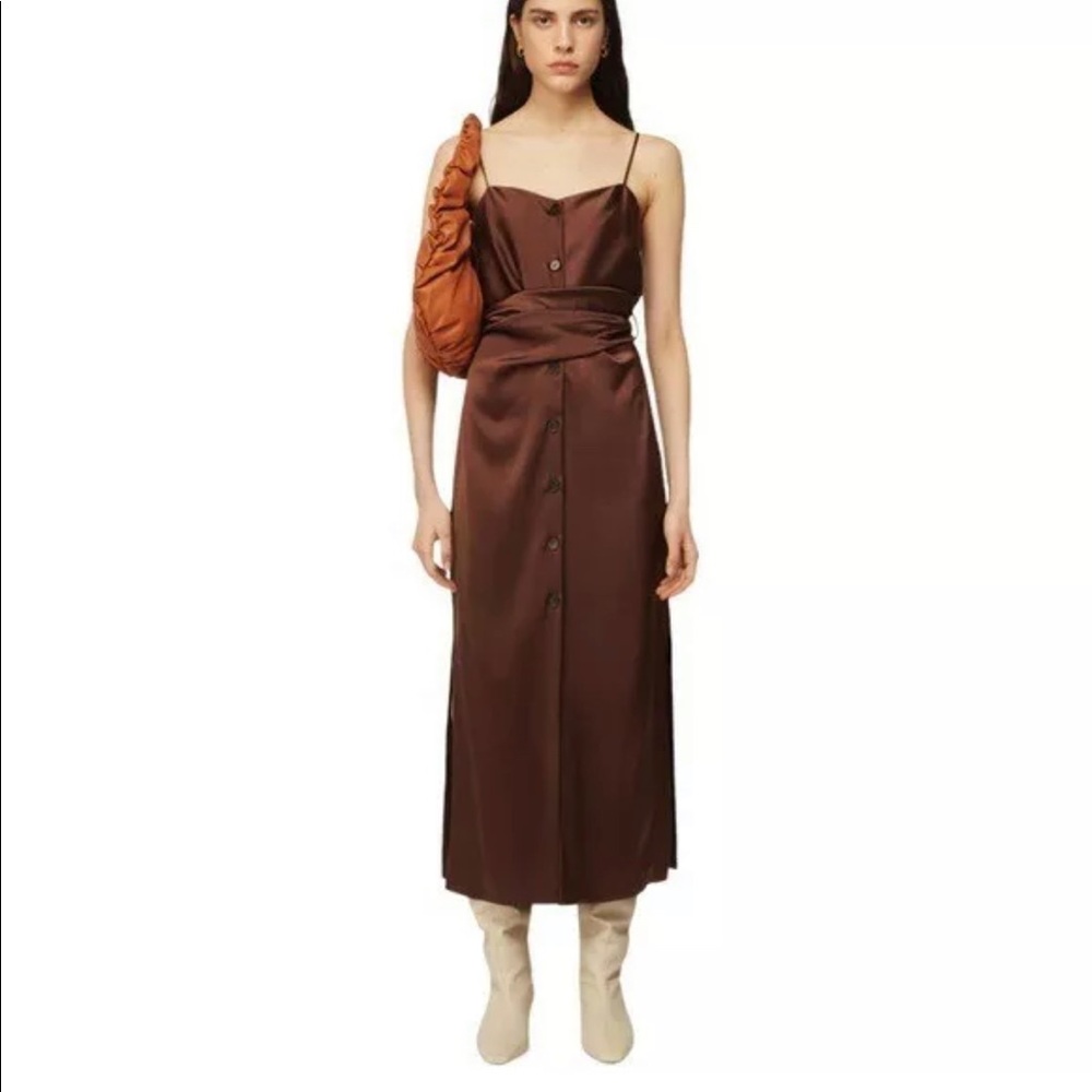 New Nanushka Sayan Brown Button Belt Satin Midi Dress